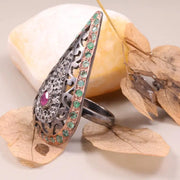 Victorian Style Paisley Ruby Statement Ring – 1999s Vintage Black Diamond Teardrop Cocktail Ring, Bold Antique Jewelry for Women