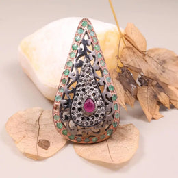 Victorian style paisley ruby statement ring, 1999s vintage black diamond teardrop cocktail ring, bold antique jewelry for women