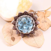 Georgian Style Aquamarine Floral Ring | Vintage Sterling Silver Blue Stone Ring with Pink Gemstone Accents | Unique Cluster Sunflower Jewelry