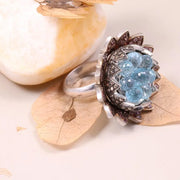 Georgian Style Aquamarine Floral Ring | Vintage Sterling Silver Blue Stone Ring with Pink Gemstone Accents | Unique Cluster Sunflower Jewelry