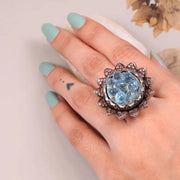 Georgian Style Aquamarine Floral Ring | Vintage Sterling Silver Blue Stone Ring with Pink Gemstone Accents | Unique Cluster Sunflower Jewelry