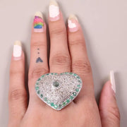 Heart Shaped Sterling Silver Ring with Emerald Green Gemstone | Vintage Round Cut Statement Jewelry Gift for Her