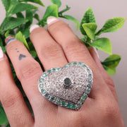 Heart Shaped Sterling Silver Ring with Emerald Green Gemstone | Vintage Round Cut Statement Jewelry Gift for Her