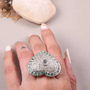 Heart Shaped Sterling Silver Ring with Emerald Green Gemstone | Vintage Round Cut Statement Jewelry Gift for Her