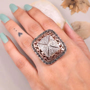 Sterling Silver Emerald Shape Vintage Ring | Antique Style Natural Black Diamond Ring | Unique Elegant Diamond Jewelry Gift for Her