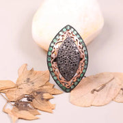 Victorian Marquise Black Diamond Ring | Sterling Silver Emerald Halo Cocktail Ring | Unique Vintage Style Gemstone Jewelry Gift