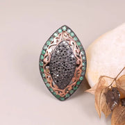 Victorian Marquise Black Diamond Ring | Sterling Silver Emerald Halo Cocktail Ring | Unique Vintage Style Gemstone Jewelry Gift