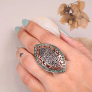 Victorian Marquise Black Diamond Ring | Sterling Silver Emerald Halo Cocktail Ring | Unique Vintage Style Gemstone Jewelry Gift