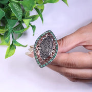 Victorian Marquise Black Diamond Ring | Sterling Silver Emerald Halo Cocktail Ring | Unique Vintage Style Gemstone Jewelry Gift
