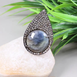 Georgian style silver ring with round cut sparkling blue stone, handmade boho cocktail ring with diamond accents, bold gemstone jewelry