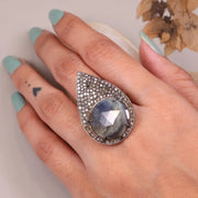 Georgian Style Silver Ring – Bold Boho Cocktail Jewelry with Round Cut Sparkling Blue Stone | Handmade Silver Diamond Ring