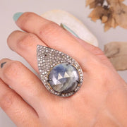 Georgian Style Silver Ring – Bold Boho Cocktail Jewelry with Round Cut Sparkling Blue Stone | Handmade Silver Diamond Ring
