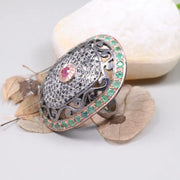 Victorian Style Ring – 1980s Gemstone Harmony Ring with Pink Ruby & Diamond, Bold Vintage Sterling Silver Birthstone Jewelry