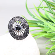 Vintage black rhodium Art Deco style ring, 925 sterling silver with 6mm round cut stone and natural black diamond accents
