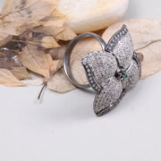 Vintage Floral Wedding Ring – 4 Petal Pave Sterling Silver Ring with Emerald Accents | Art Deco Cocktail Jewelry Gift