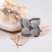 Vintage Floral Wedding Ring – 4 Petal Pave Sterling Silver Ring with Emerald Accents | Art Deco Cocktail Jewelry Gift