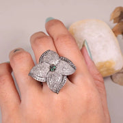Vintage Floral Wedding Ring – 4 Petal Pave Sterling Silver Ring with Emerald Accents | Art Deco Cocktail Jewelry Gift