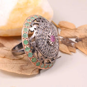 Silver Statement Ring – Antique Ruby and Diamond Victorian Style Ring, Vintage Oval Gemstone Jewelry, Classic Old Style Gemstone Ring