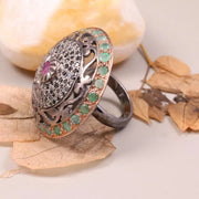 Silver Statement Ring – Antique Ruby and Diamond Victorian Style Ring, Vintage Oval Gemstone Jewelry, Classic Old Style Gemstone Ring