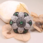 Floral vintage sterling silver ring with round cut emerald gemstone, 1990s Art Deco old-style unique jewelry gift for her