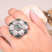 Floral Vintage Ring – Sterling Silver 1990s Art Deco Ring with Round Cut Emerald Gemstone | Unique Old Style Jewelry Gift for Her