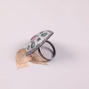 Antique Victorian Style Ruby and Emerald Gemstone Ring – Pear Shape 925 Sterling Silver Ring with Natural Diamond, Elegant Gift for Her