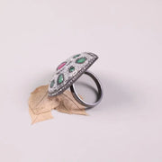 Antique Victorian Style Ruby and Emerald Gemstone Ring – Pear Shape 925 Sterling Silver Ring with Natural Diamond, Elegant Gift for Her