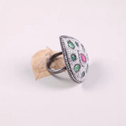 Antique Victorian Style Ruby and Emerald Gemstone Ring – Pear Shape 925 Sterling Silver Ring with Natural Diamond, Elegant Gift for Her