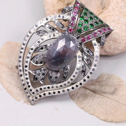 Art Deco style silver pendant with purple oval gemstone and ruby accents, 19th century inspired old-style jewelry gift