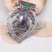 Art Deco Style Silver Pendant – Purple Oval Gemstone with Ruby Accents | 19th Century Inspired Old Style Jewelry Gift