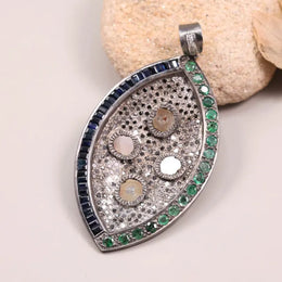 Handmade marquise shape pendant with opal and emerald gemstones in Art Deco style, unique statement jewelry wedding gift for her