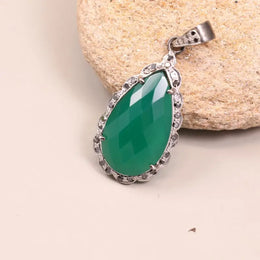 Victorian style green pear cut emerald pendant in silver with black diamond accents, vintage teardrop necklace jewelry for her