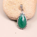 Victorian style green pear cut emerald pendant in silver with black diamond accents, vintage teardrop necklace jewelry for her