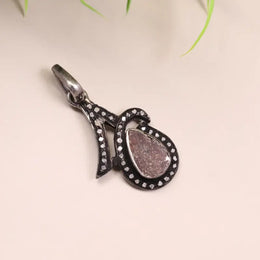 Art Deco teardrop stone pendant in sterling silver, antique handmade necklace with rustic gemstone charm, unique jewelry gift