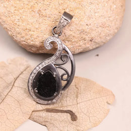 Antique pear black diamond pendant with white natural diamond, Victorian-style silver pendant, 19th century inspired jewelry gift