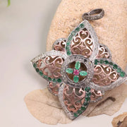 1980s Victorian Style Jewelry – Sterling Silver Vintage Pendant with Pink & Green Ruby Diamonds | Gothic Antique Jewelry Gift