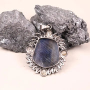 Vintage Large Blue Gemstone Pendant – Sterling Silver Marquise Shaped Pendant | Art Deco Style Jewelry, Unique Gift for Her