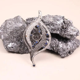 Antique Art Deco sterling silver sapphire pendant with white diamond accents in unique wave design, statement jewelry necklace gift for her