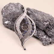 Antique Art Deco sterling silver sapphire pendant with white diamond accents in unique wave design, statement jewelry necklace gift for her