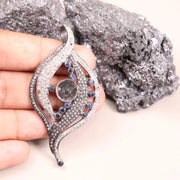 Antique Art Deco Sterling Silver Sapphire Pendant – Unique Wave Design Necklace with White Diamond Accents, Statement Jewelry Gift