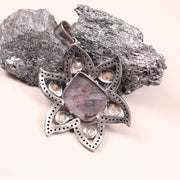 Art Deco Style Silver Pendant – Large Purple Gemstone Handmade Statement Jewelry | Antique Flower Pendant, 19th Century Gift