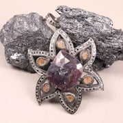 Art Deco style silver pendant with large purple gemstone, handmade antique flower design, 19th century statement jewelry gift