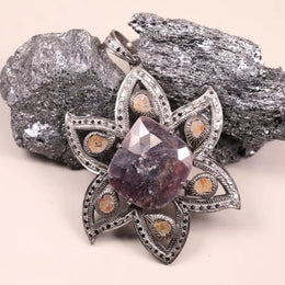 Art Deco style silver pendant with large purple gemstone, handmade antique flower design, 19th century statement jewelry gift