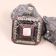 Victorian style opal pendant in sterling silver, square necklace with ruby, emerald, and black diamond accents, unique statement jewelry gift