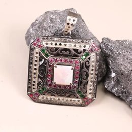 Victorian style opal pendant in sterling silver, square necklace with ruby, emerald, and black diamond accents, unique statement jewelry gift