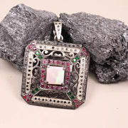Victorian Style Opal Pendant – Sterling Silver Square Necklace with Ruby, Emerald & Black Diamond Accents | Unique Statement Jewelry Gift