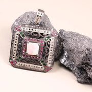 Victorian Style Opal Pendant – Sterling Silver Square Necklace with Ruby, Emerald & Black Diamond Accents | Unique Statement Jewelry Gift