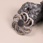 Victorian sterling silver flower pendant with black gemstone, diamond accents, and yellow detailing – handmade statement jewelry necklace