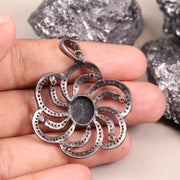 Victorian sterling silver flower pendant with black gemstone, diamond accents, and yellow detailing – handmade statement jewelry necklace