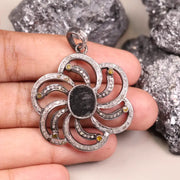 Victorian Sterling Silver Flower Pendant – Black Gemstone Necklace with Diamond & Yellow Accents, Handmade Statement Jewelry